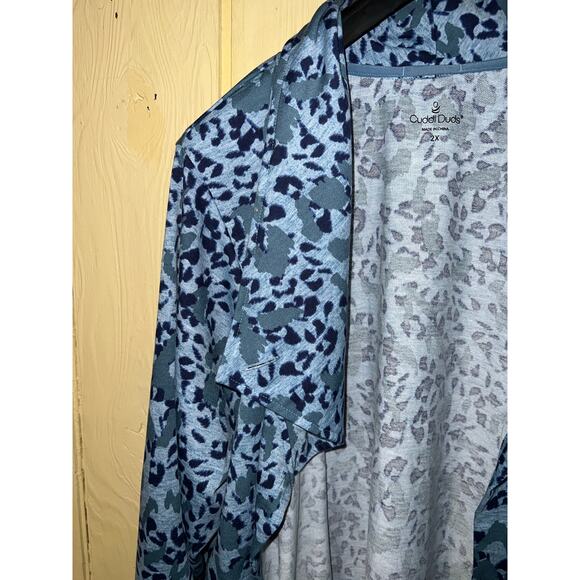Cuddl Duds Cardigan Sweatshirt Womens 2X Blue Leopard French Terry Thumb Holes - Picture 12 of 15